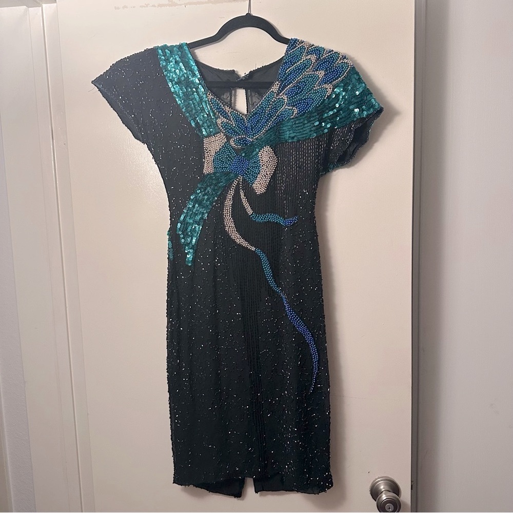 Alyce Designs 100% Silk W/Rayon Liner‎ Vintage80’s Heavily Beaded Sequin Dress S